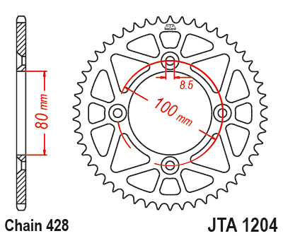 Rear ALU sprocket JT JTA 1204-46RED 46)T, nt((428 Crven