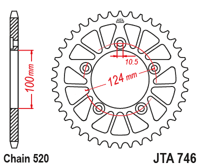 Rear ALU sprocket JT JTA 746-44BLK 46)T, nt((520 Crni